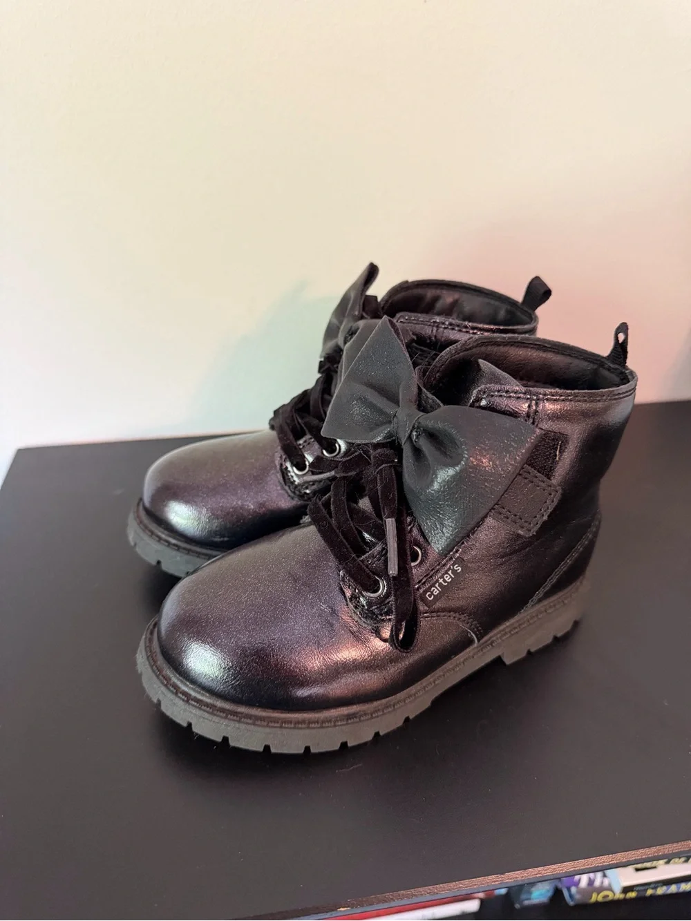 Carter's Black Girls' Bow Lace-Up Combat Boots- size 11